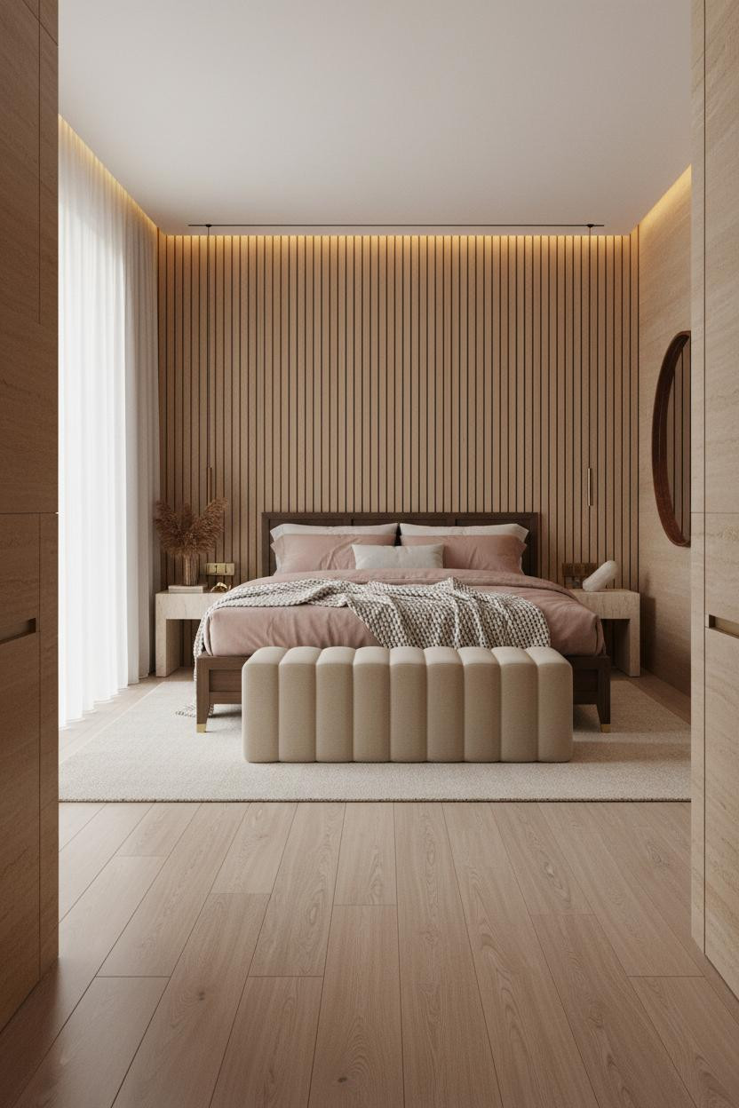 Luxury Bedroom Oak Wall Paneling Brass