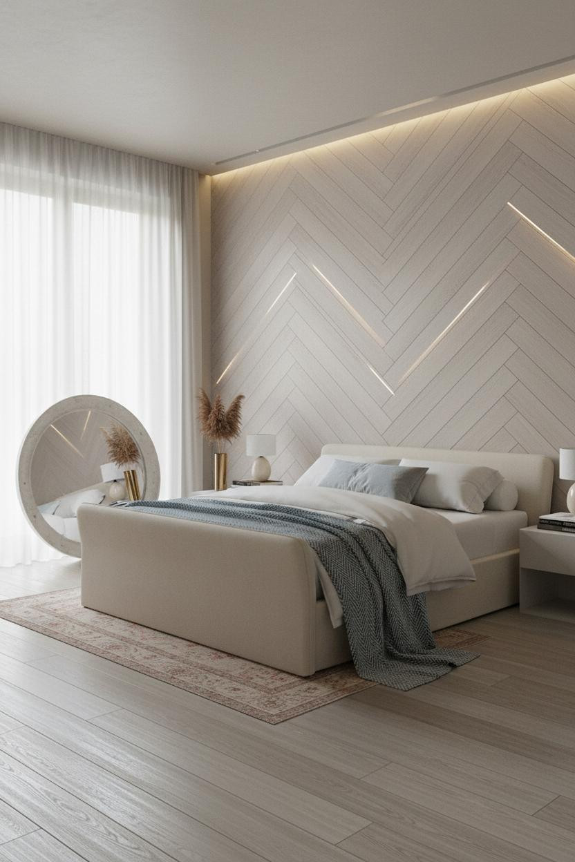 Luxury Bedroom Herringbone Wall Modern