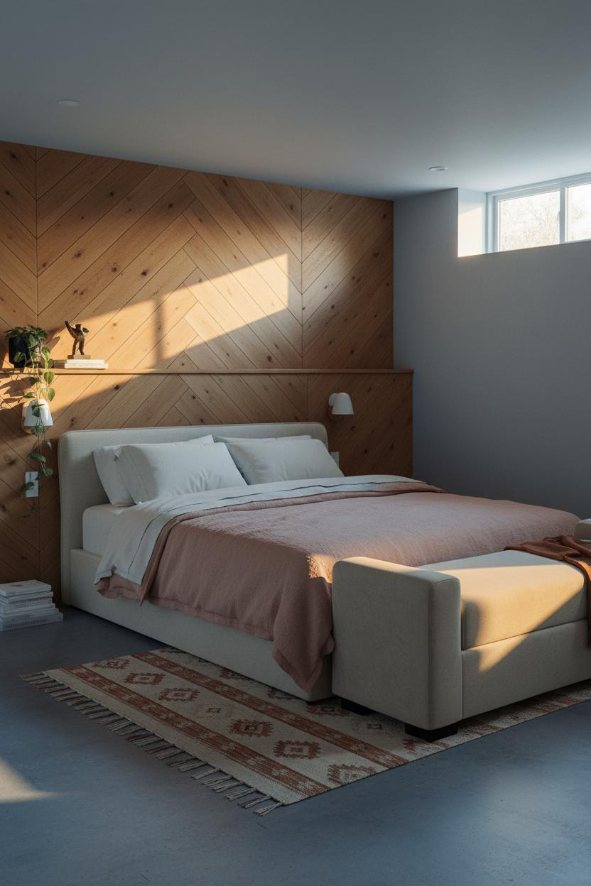 Basement Guest Bedroom Herringbone Accent Wall