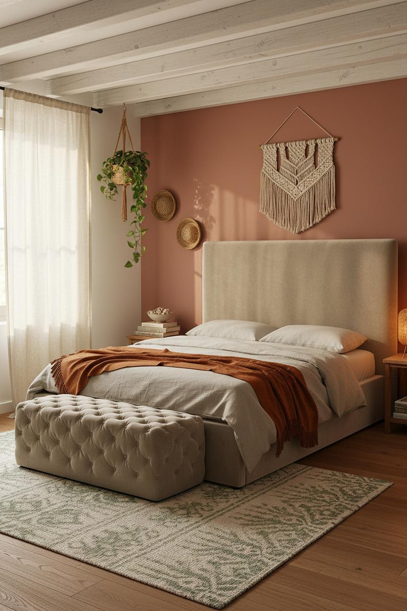Teen Boho Bedroom With Terracotta Accent Wall and Macrame Hangings