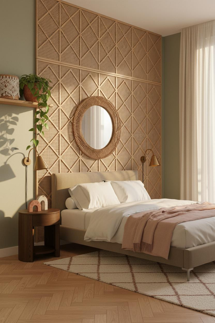 Teen Boho Bedroom With Rattan Wall Panels and Sage Green Walls