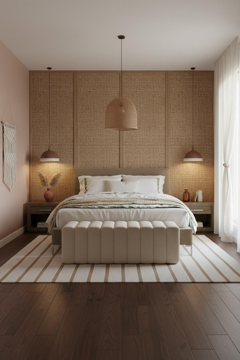 Teen Boho Bedroom With Woven Jute Accent Wall Panels