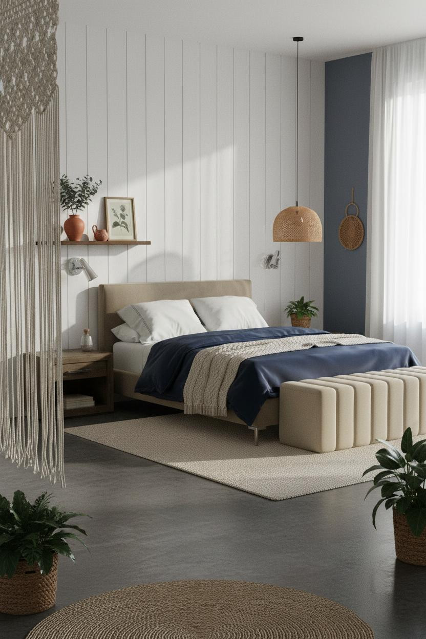 Teen Boho Bedroom With White Board and Batten Accent Wall and Indigo Walls