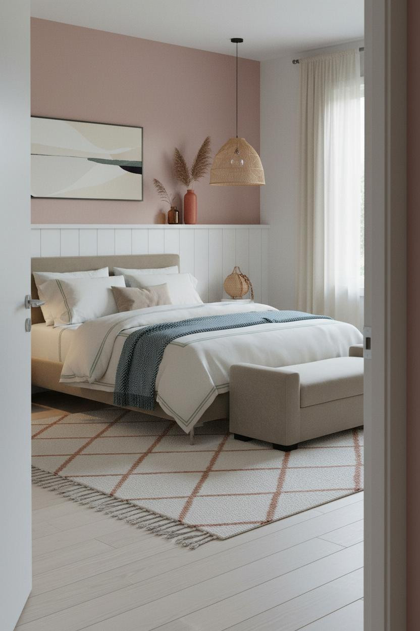 Teen Boho Bedroom With Dusty Rose Walls and White Wainscoting