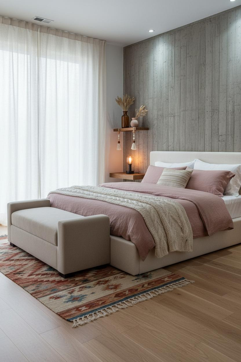 Teen Boho Bedroom With Raw Concrete Accent Wall