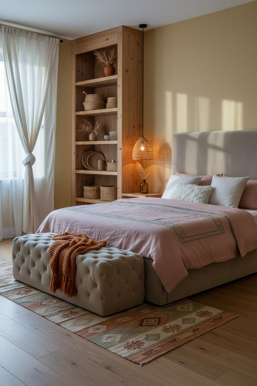 Teen Boho Bedroom With Mustard Walls and Natural Pine Shelving