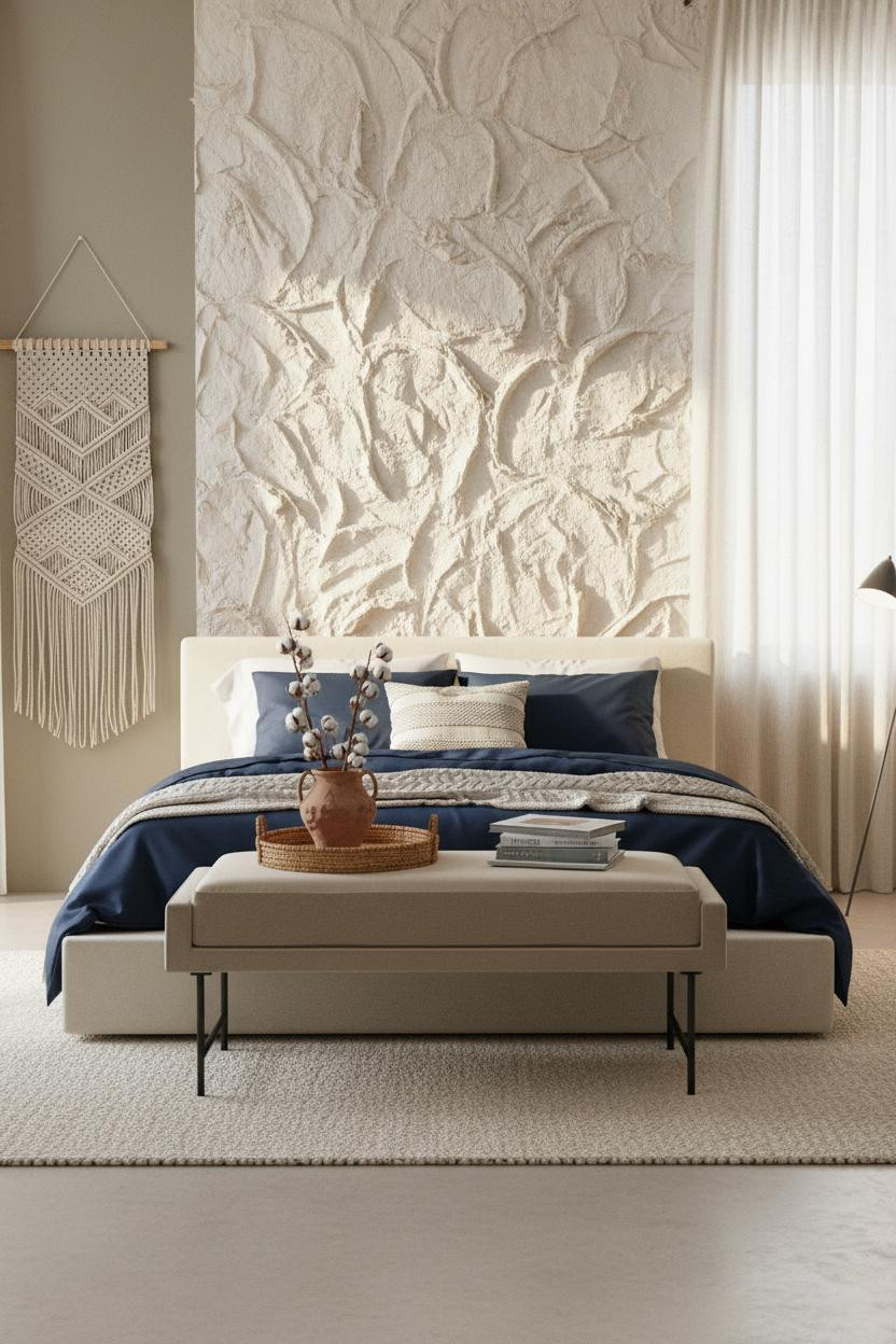Teen Boho Bedroom With Textured Plaster Accent Wall