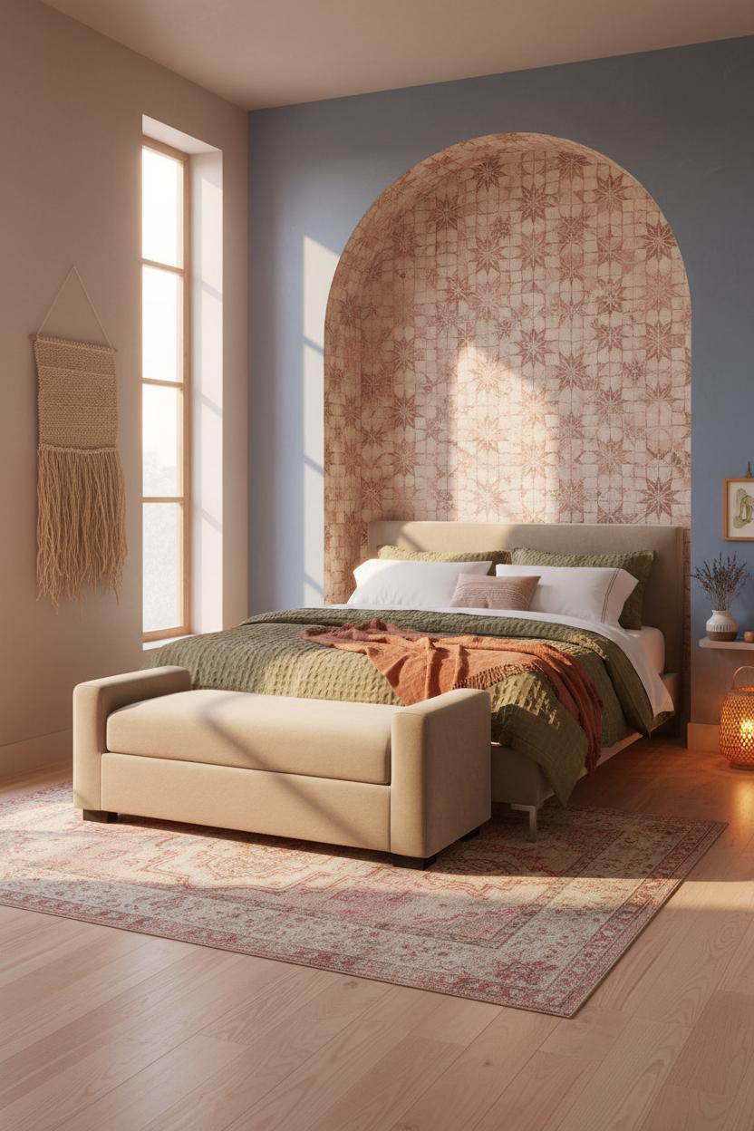 Teen Boho Bedroom With Blush Zellige Tile Accent Wall