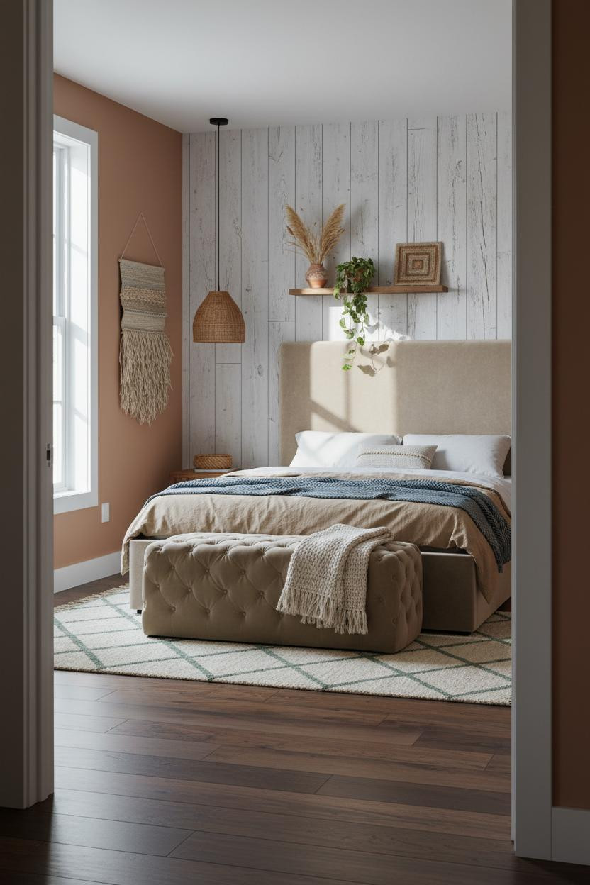 Teen Boho Bedroom With Whitewashed Shiplap Accent Wall