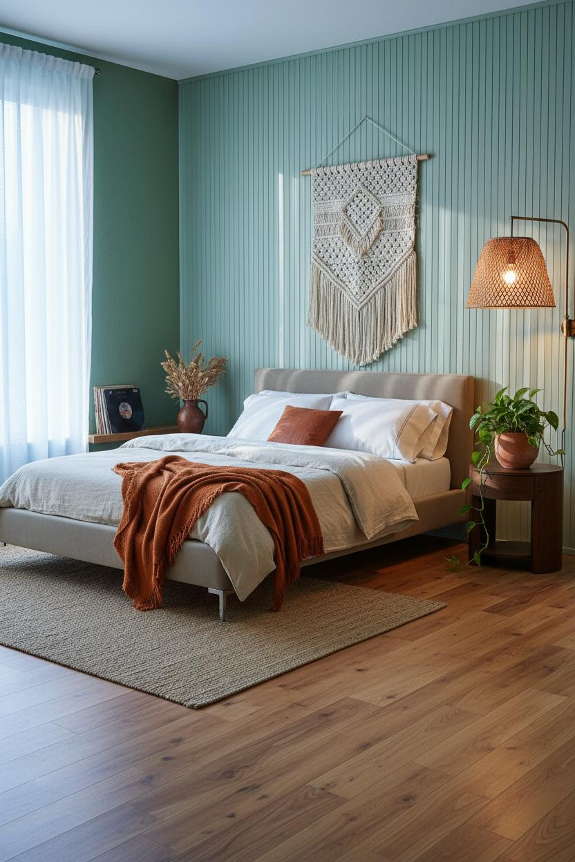 Teen Boho Bedroom With Celadon Bamboo Accent Wall