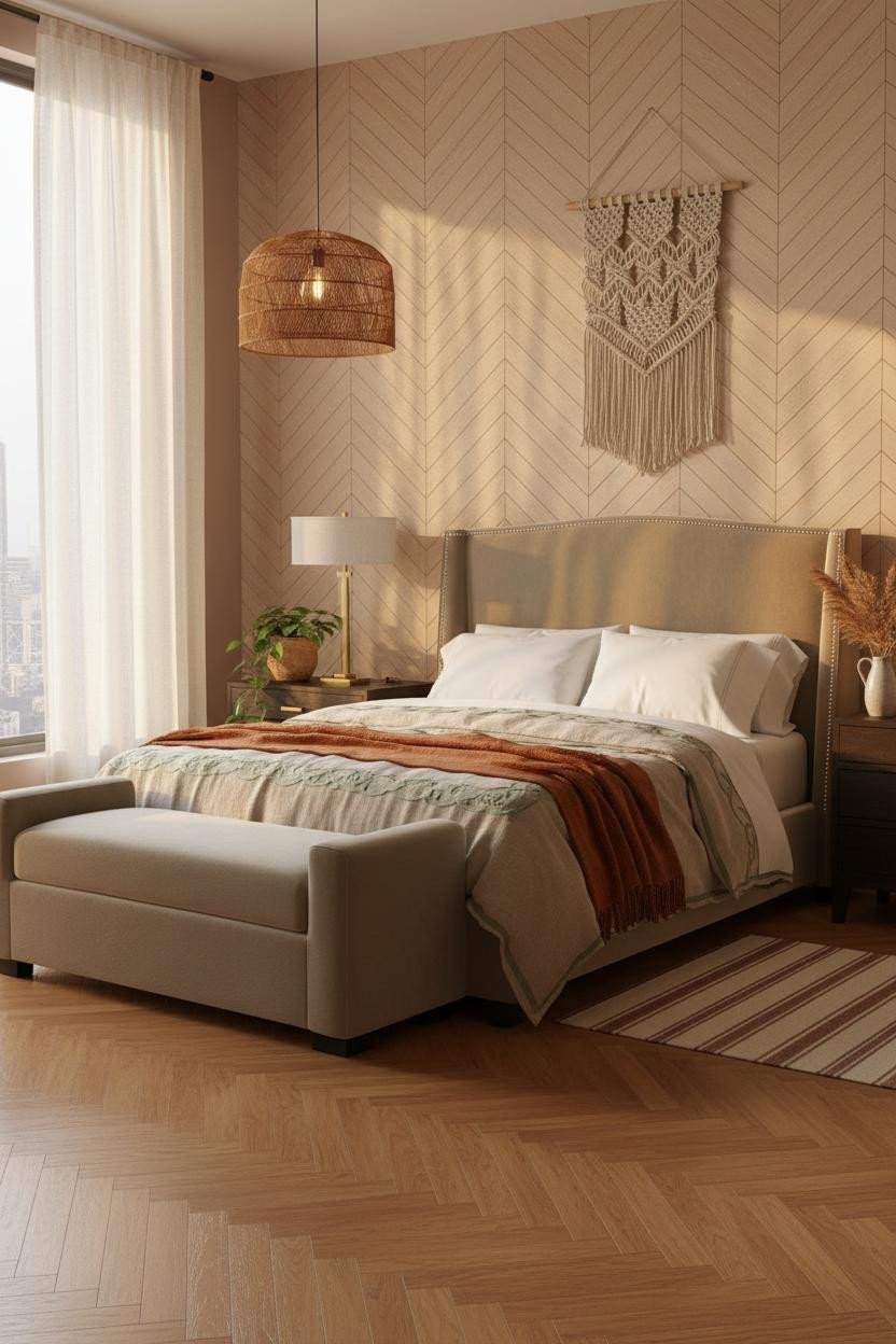 Teen Boho Bedroom With Herringbone Wood Accent Wall