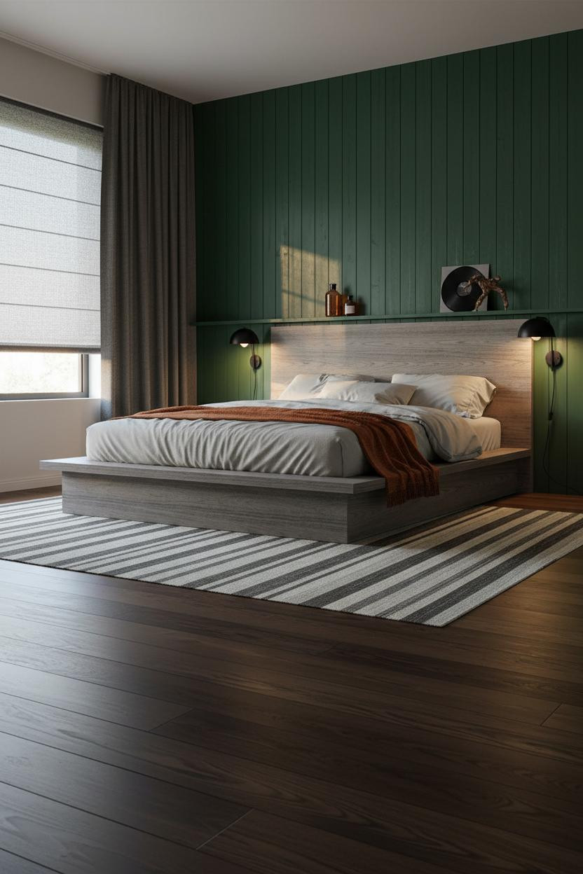Men Bedroom Japandi Forest Green Accent Wall