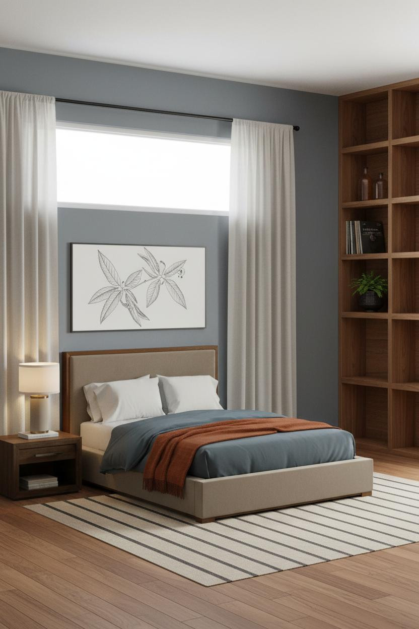 Single Bed Design Modern MCM Bedroom with Walnut Shelving