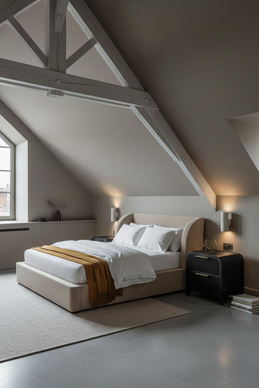Attic Loft Bedroom Whitewashed Beams Sloped