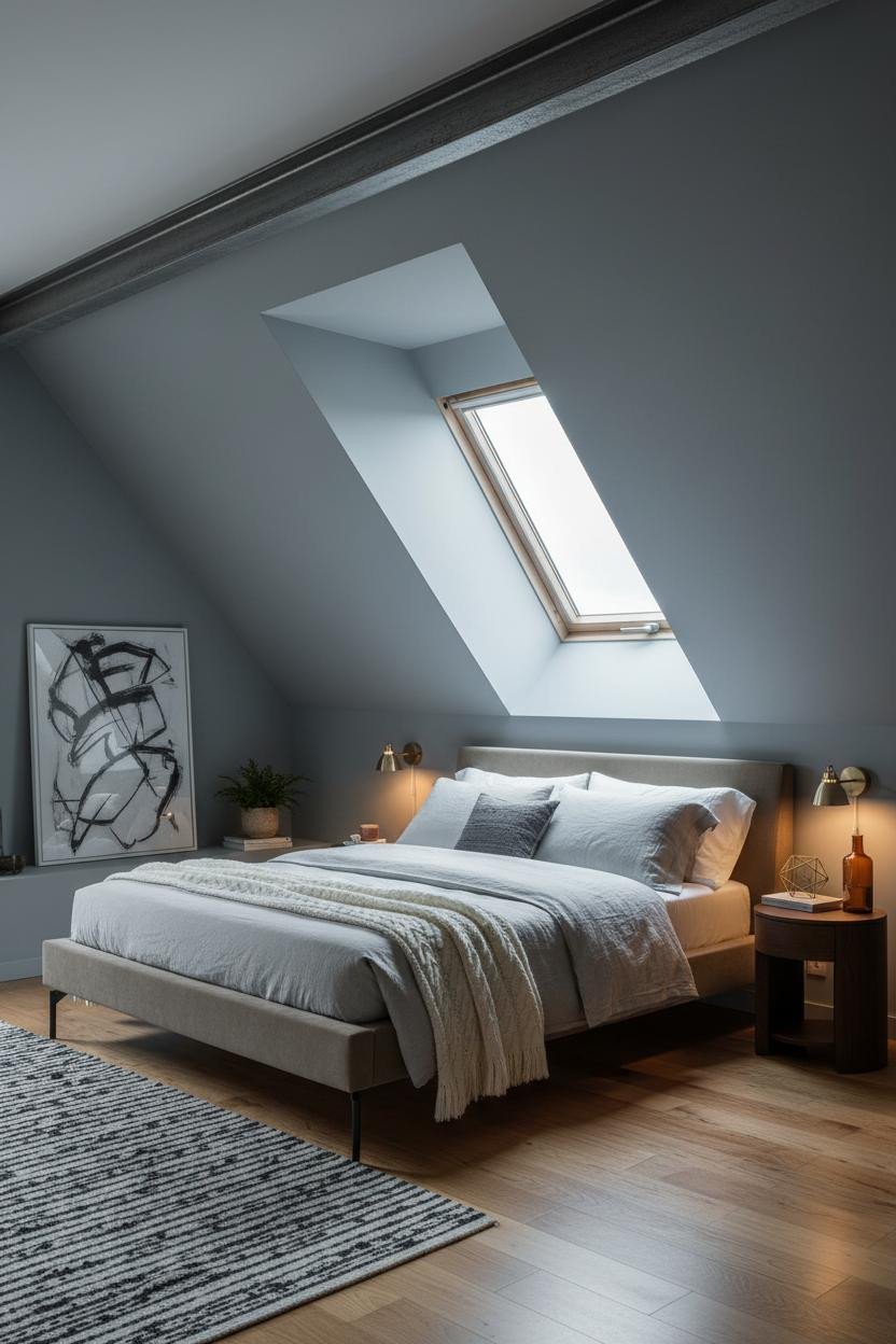 Attic Bedroom Sloped Ceiling Industrial Beam