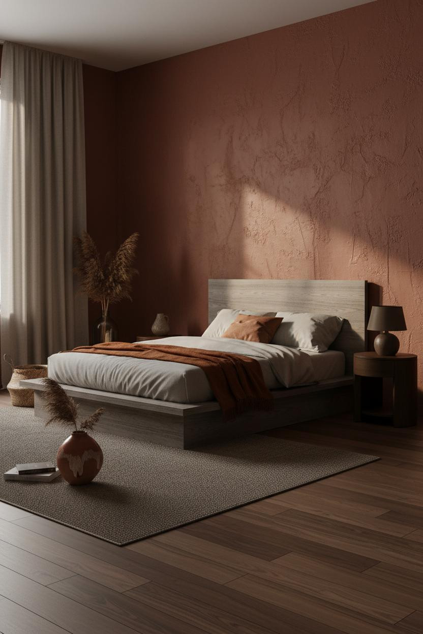 Earthy Moody Bedroom Terracotta Accent Wall