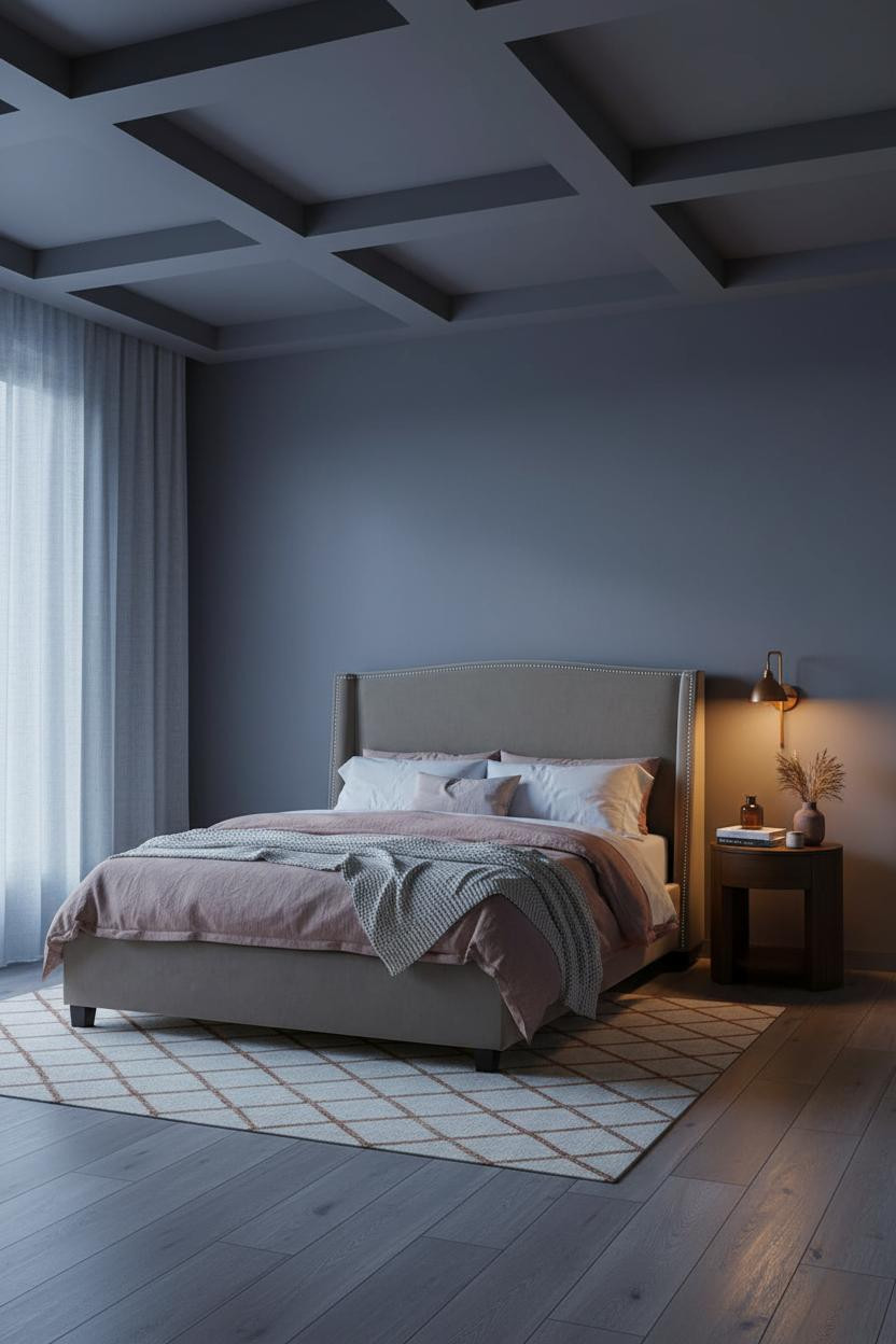 Earthy Moody Bedroom Coffered Ceiling Nightstand