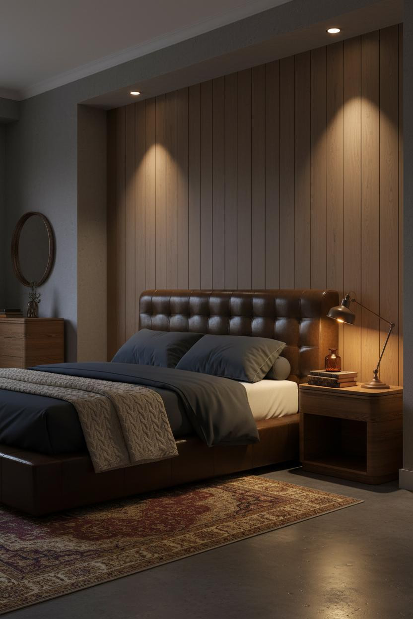 Dark Earthy Bedroom Charcoal Shiplap Lamp