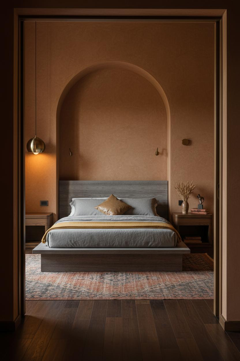 Earthy Moody Bedroom Ochre Arch Niche