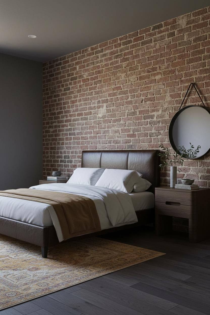 Earthy Moody Bedroom Exposed Brick Nightstand