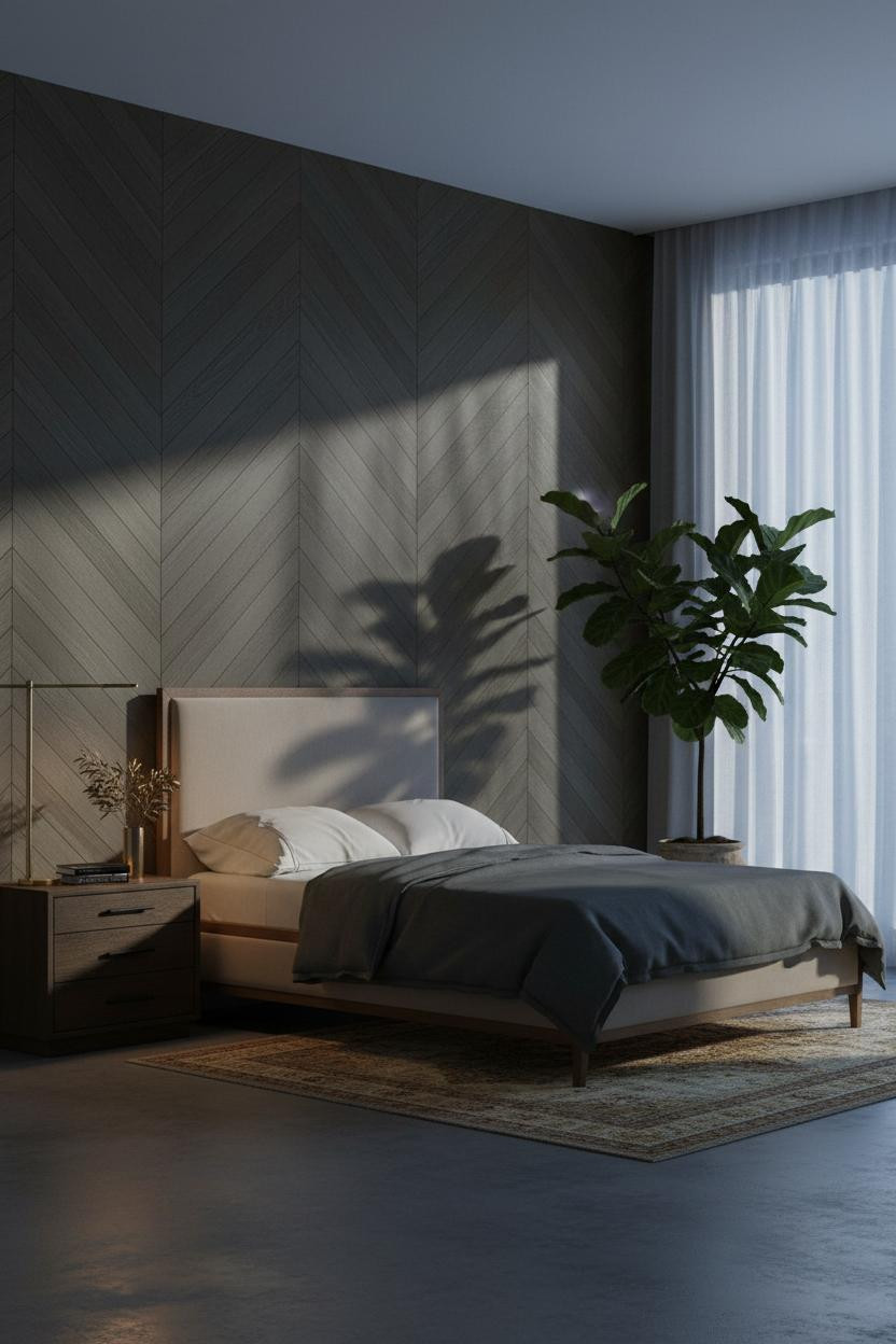 Earthy Moody Bedroom Herringbone Wall