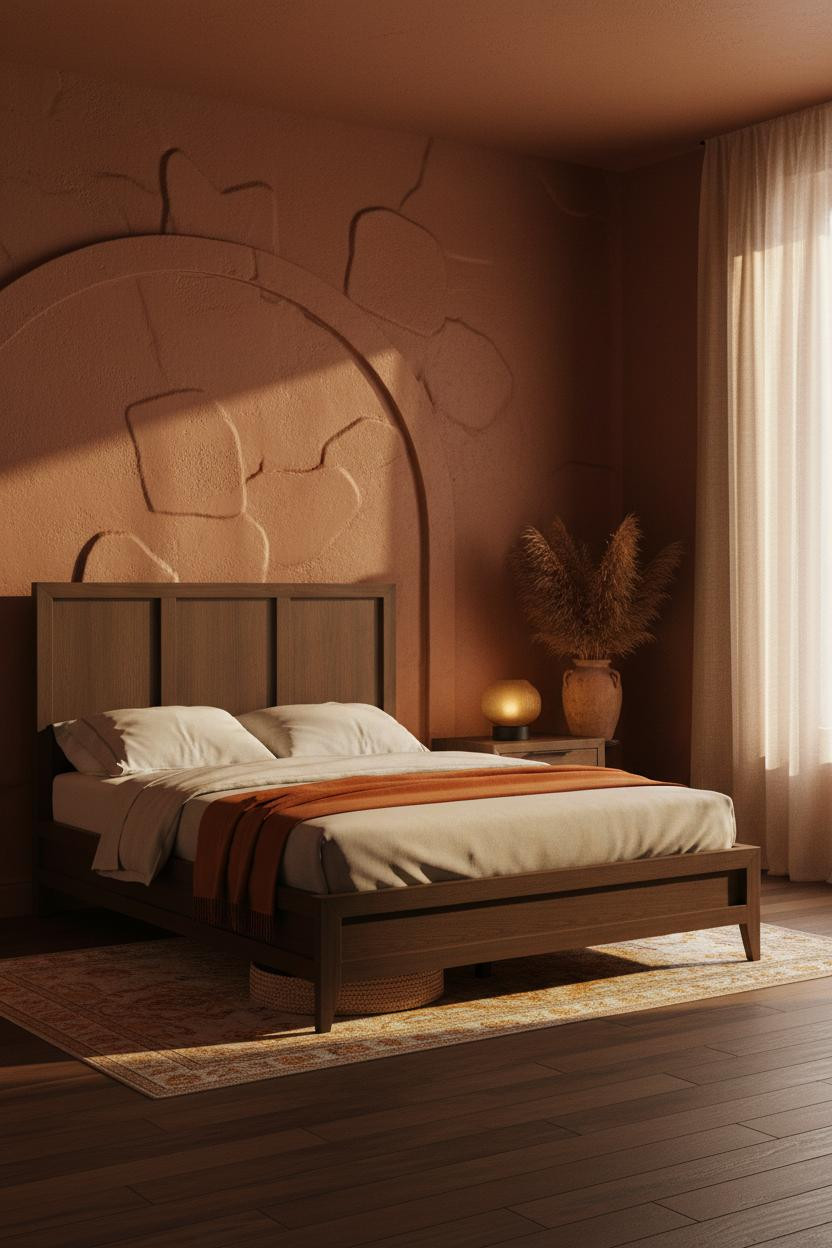Earthy Moody Bedroom Dark Terracotta Plaster Walnut