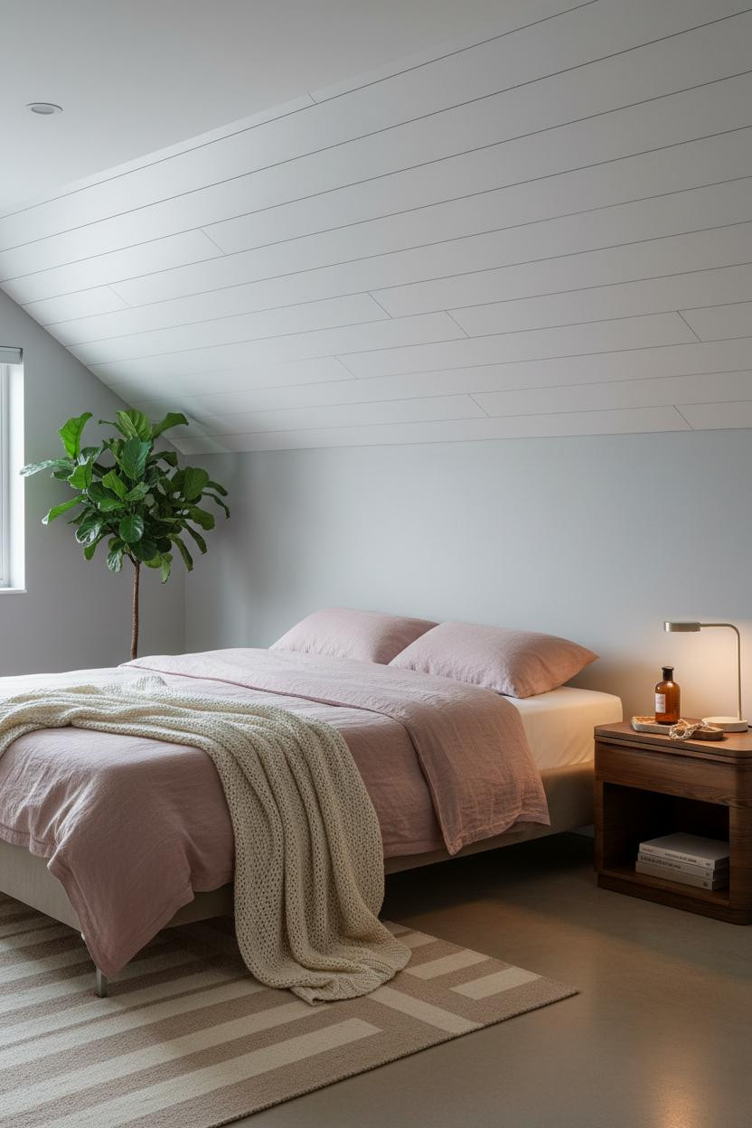 Cozy Minimalist Attic Bedroom Whitewashed Shiplap
