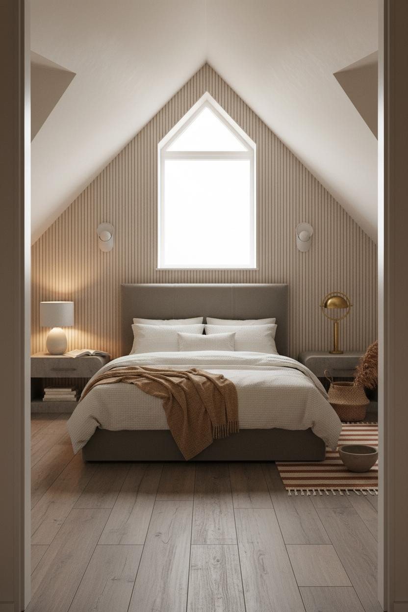 Cozy Minimalist Bedroom Attic Wood Paneling