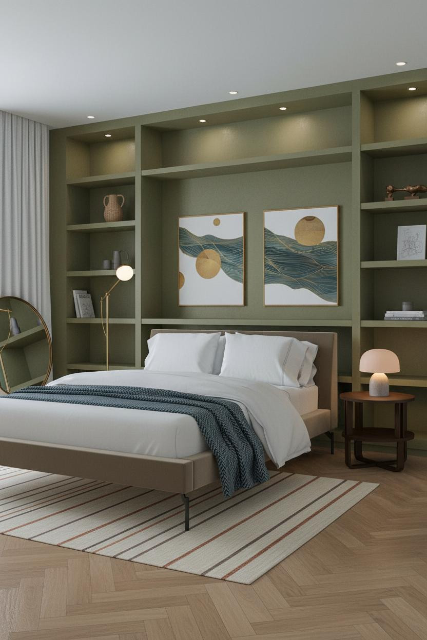 Green Neutral Bedroom Attic Shelving