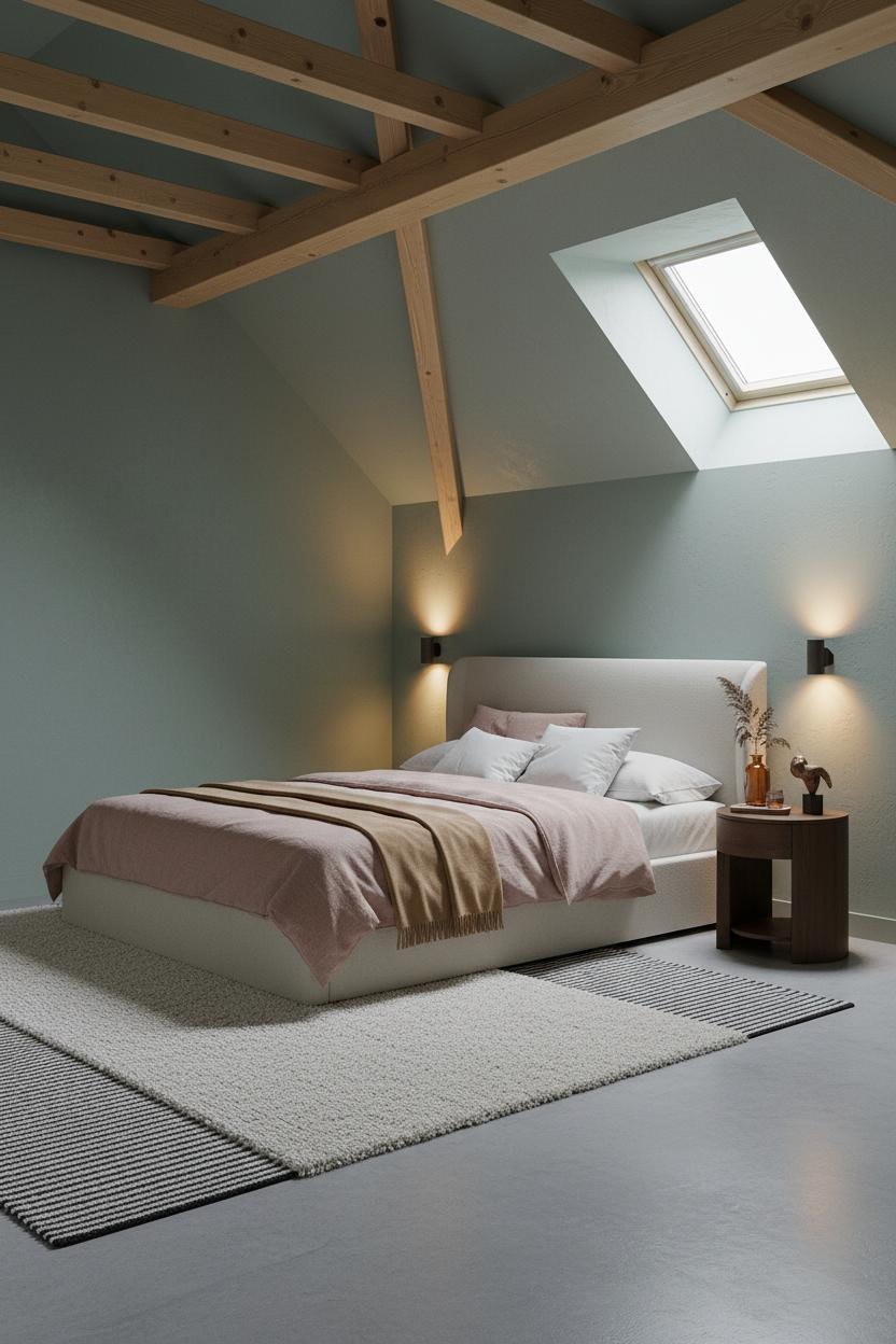 Green Neutral Bedroom Attic Wood Beams