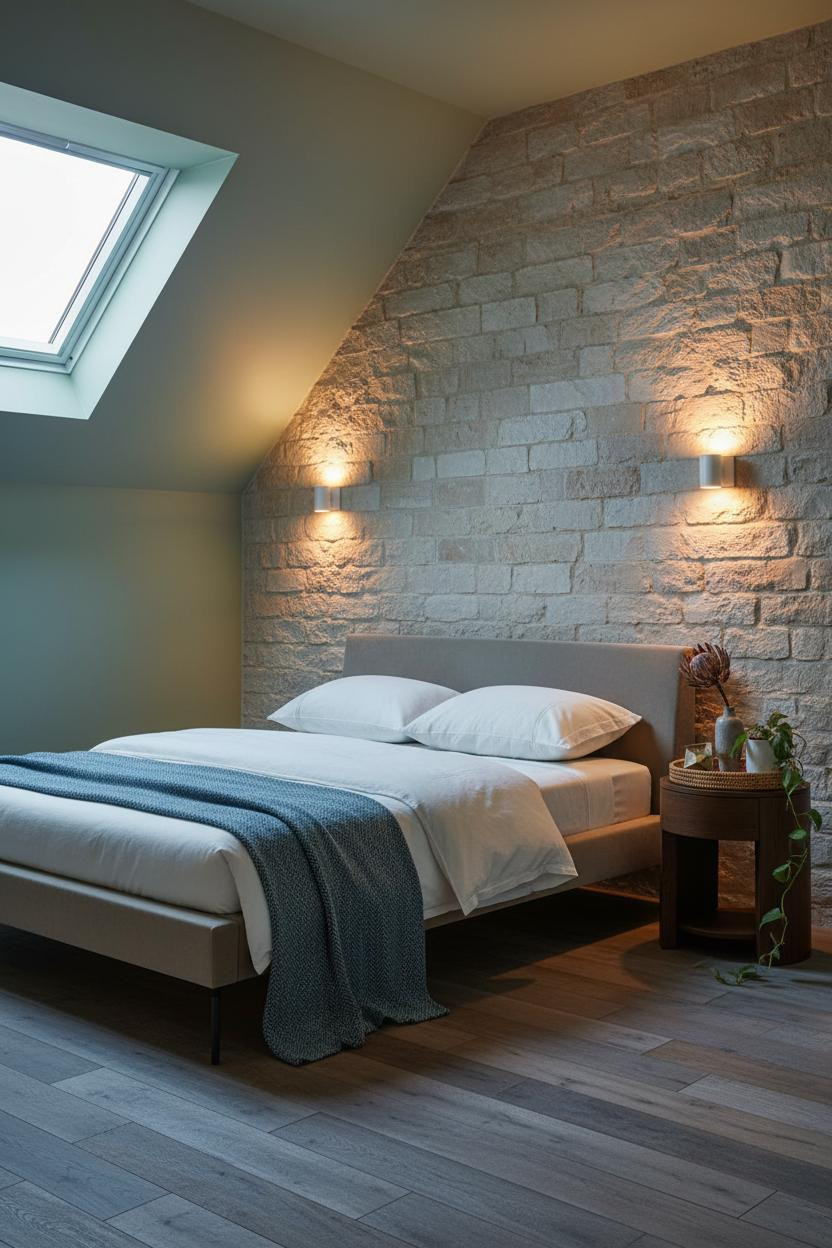 Green Neutral Bedroom Attic Stone Accent
