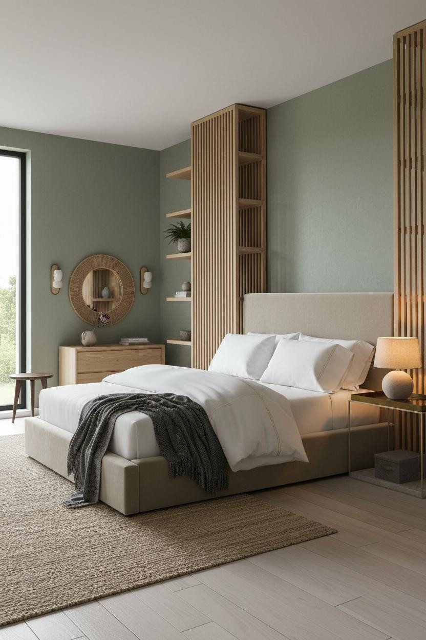 Green Neutral Bedroom Sage Oak Shelving
