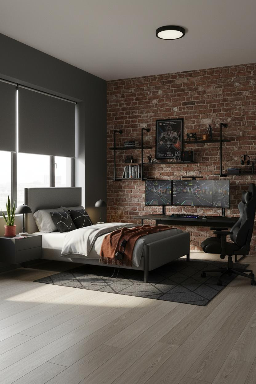 Teen Gaming Bedroom Industrial Brick Loft