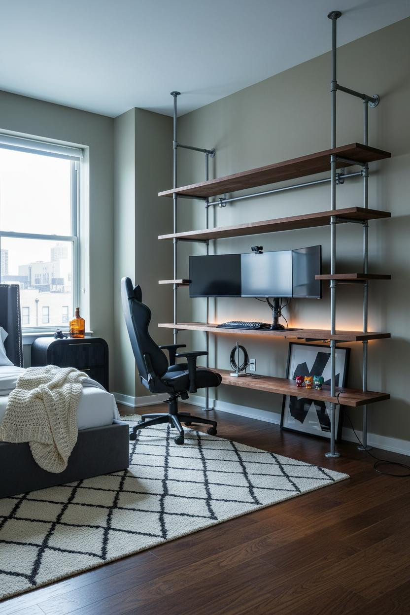 Teen Gaming Bedroom Loft Industrial Shelving