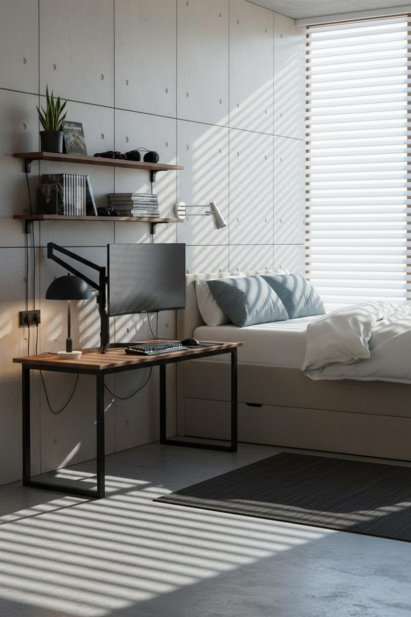 Teen Gaming Bedroom Loft Bed Concrete Shelves