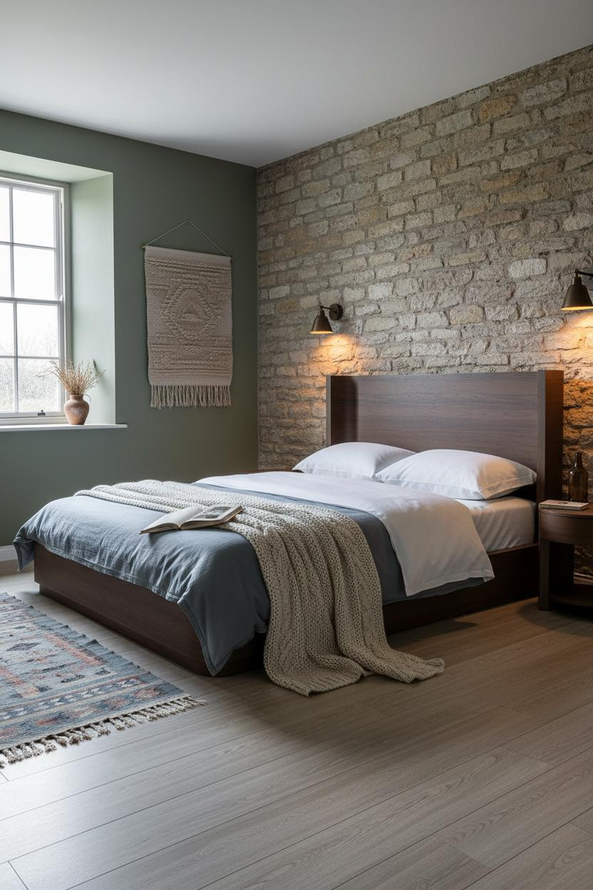 Earthy Vintage Bedroom Stone Accent Wall