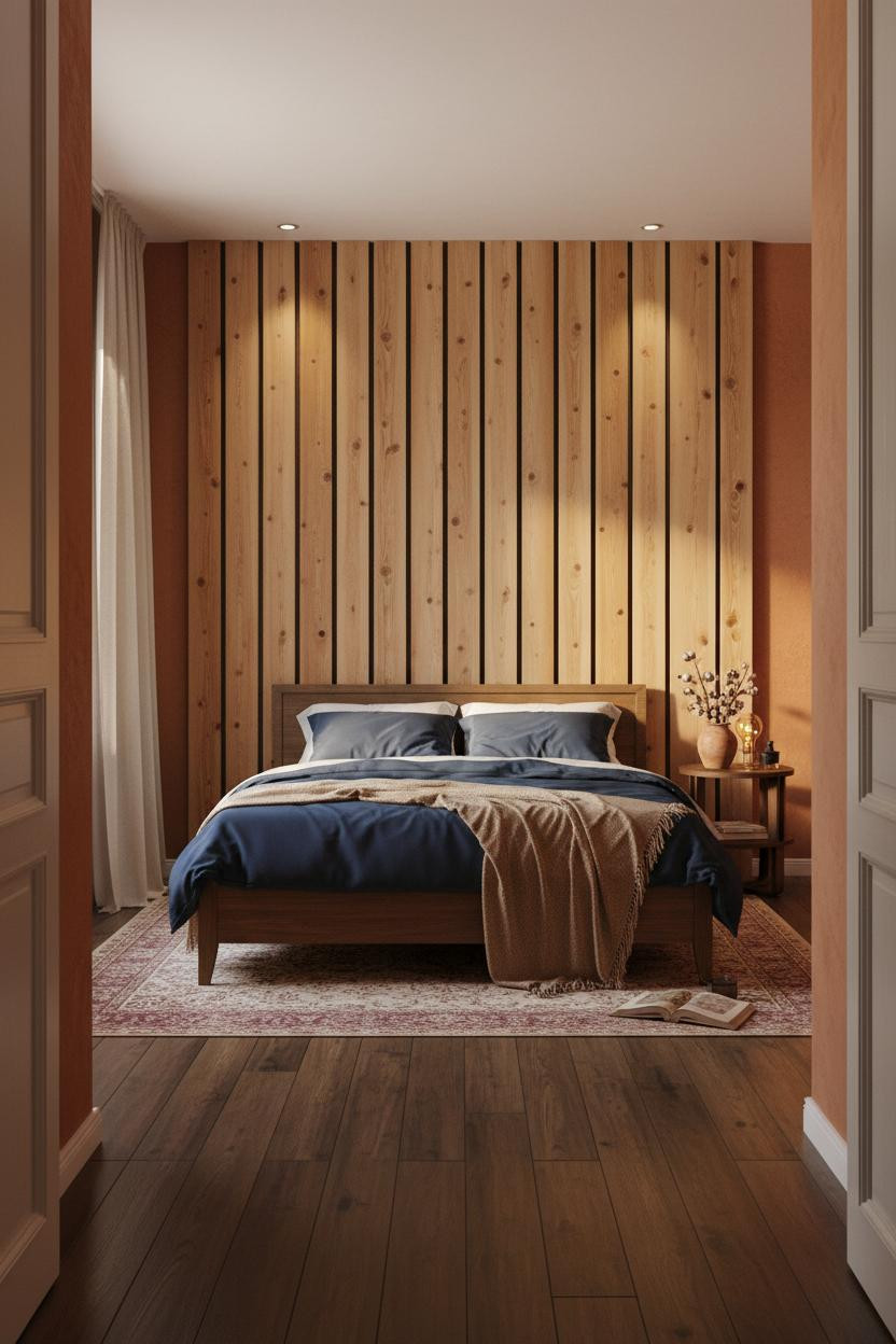 Earthy Vintage Bedroom Slatted Wood Warm