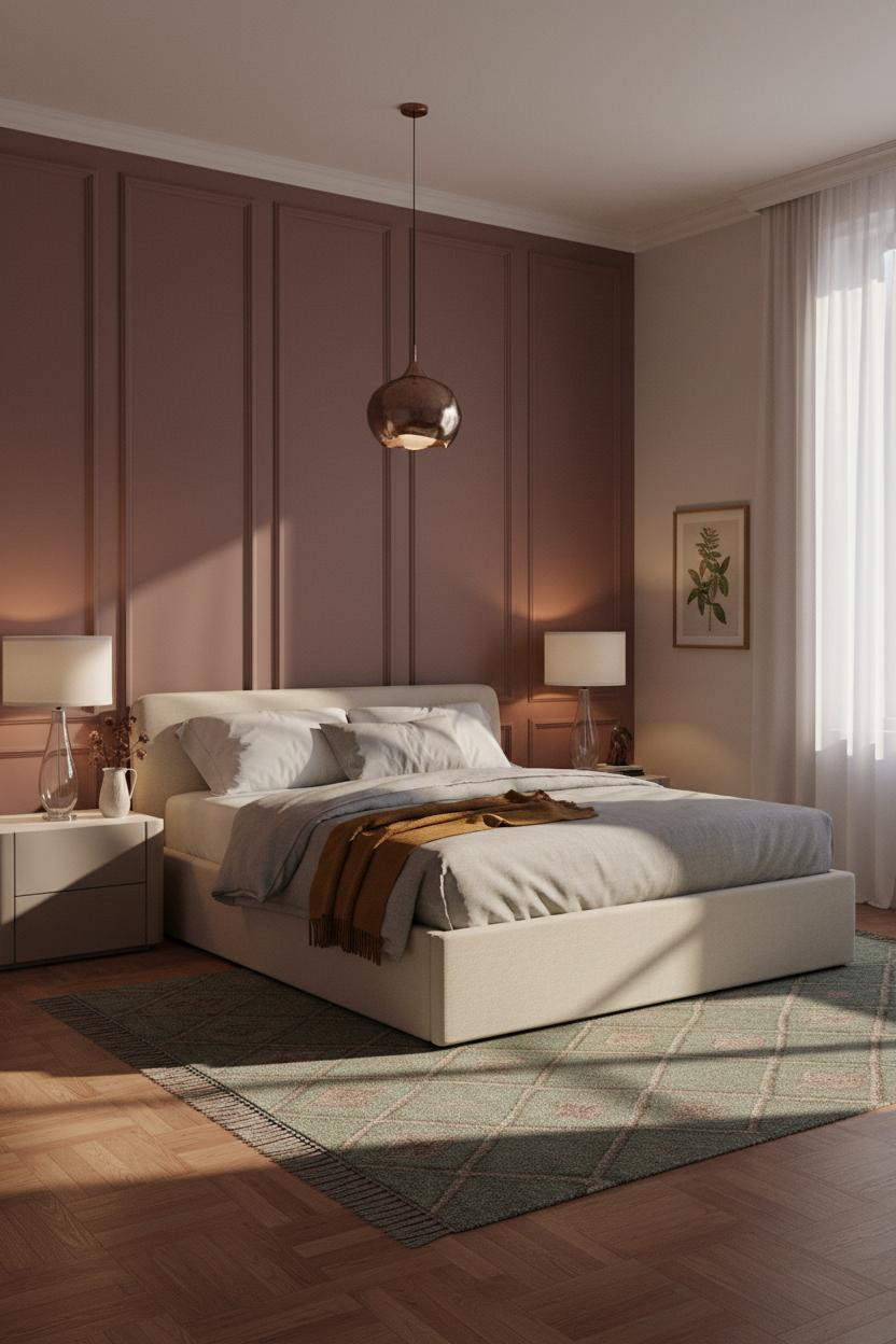 Moody Pink Bedroom Wainscoting Forest Green