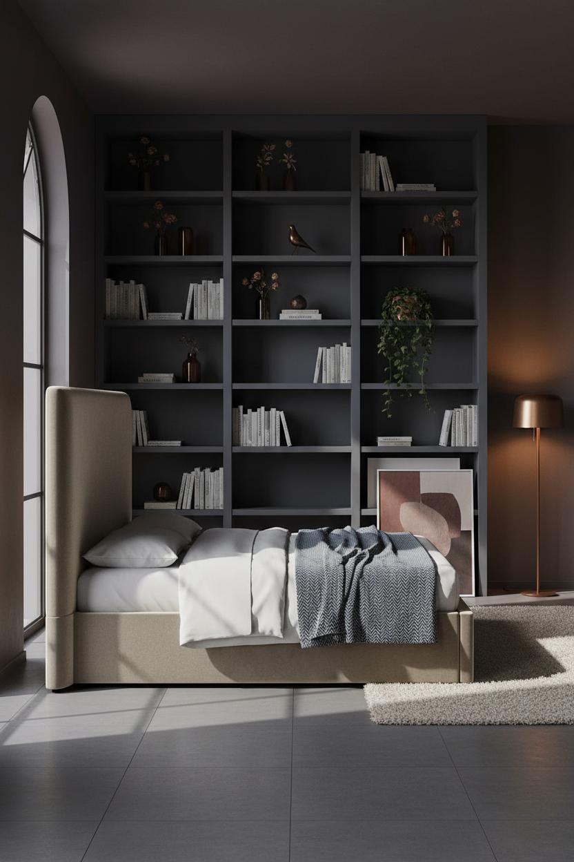 Moody Pink Bedroom Dark Feminine Indigo Shelves