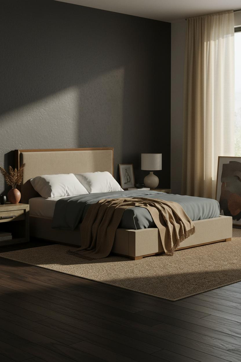 Moody Neutral Bedroom Charcoal Accent Wall