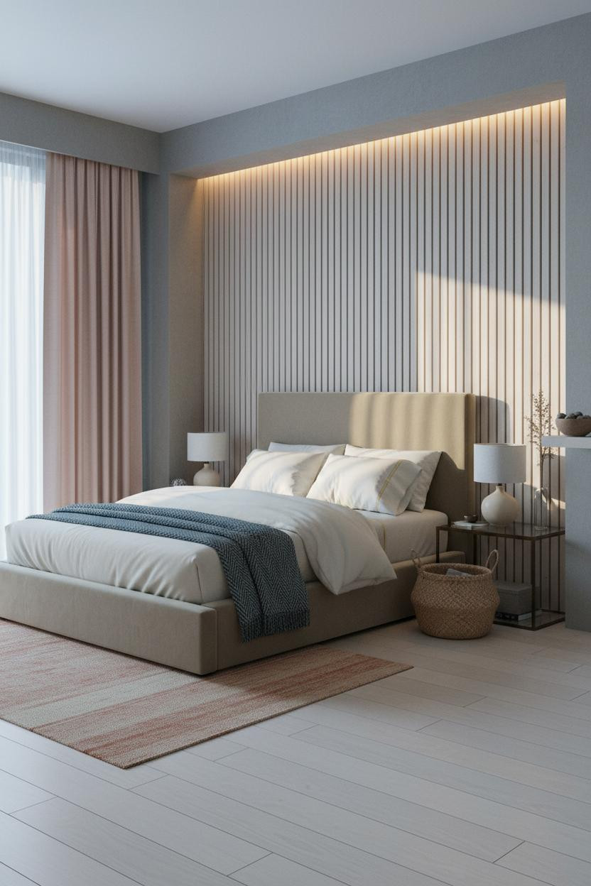 Moody Neutral Bedroom Birch Slat Wall