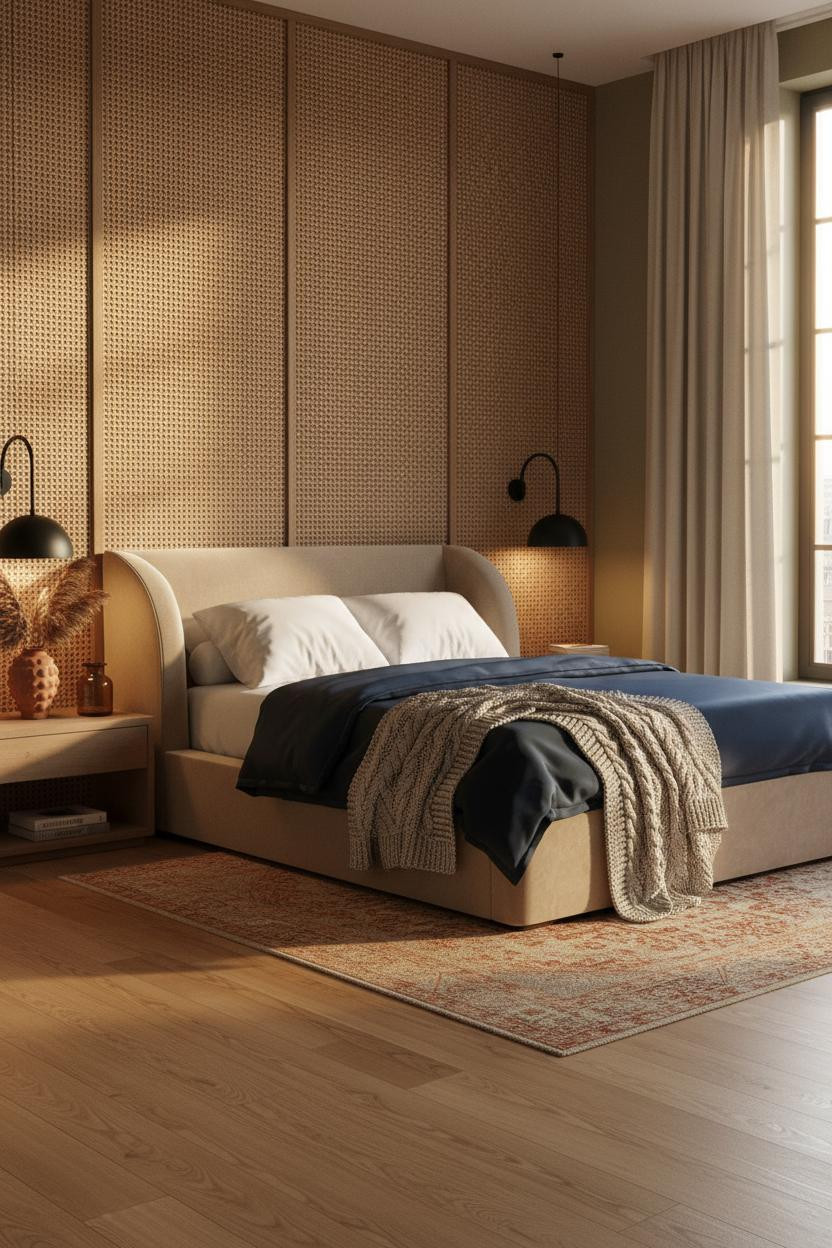 Moody Neutral Bedroom Rattan Headboard Warm Lighting