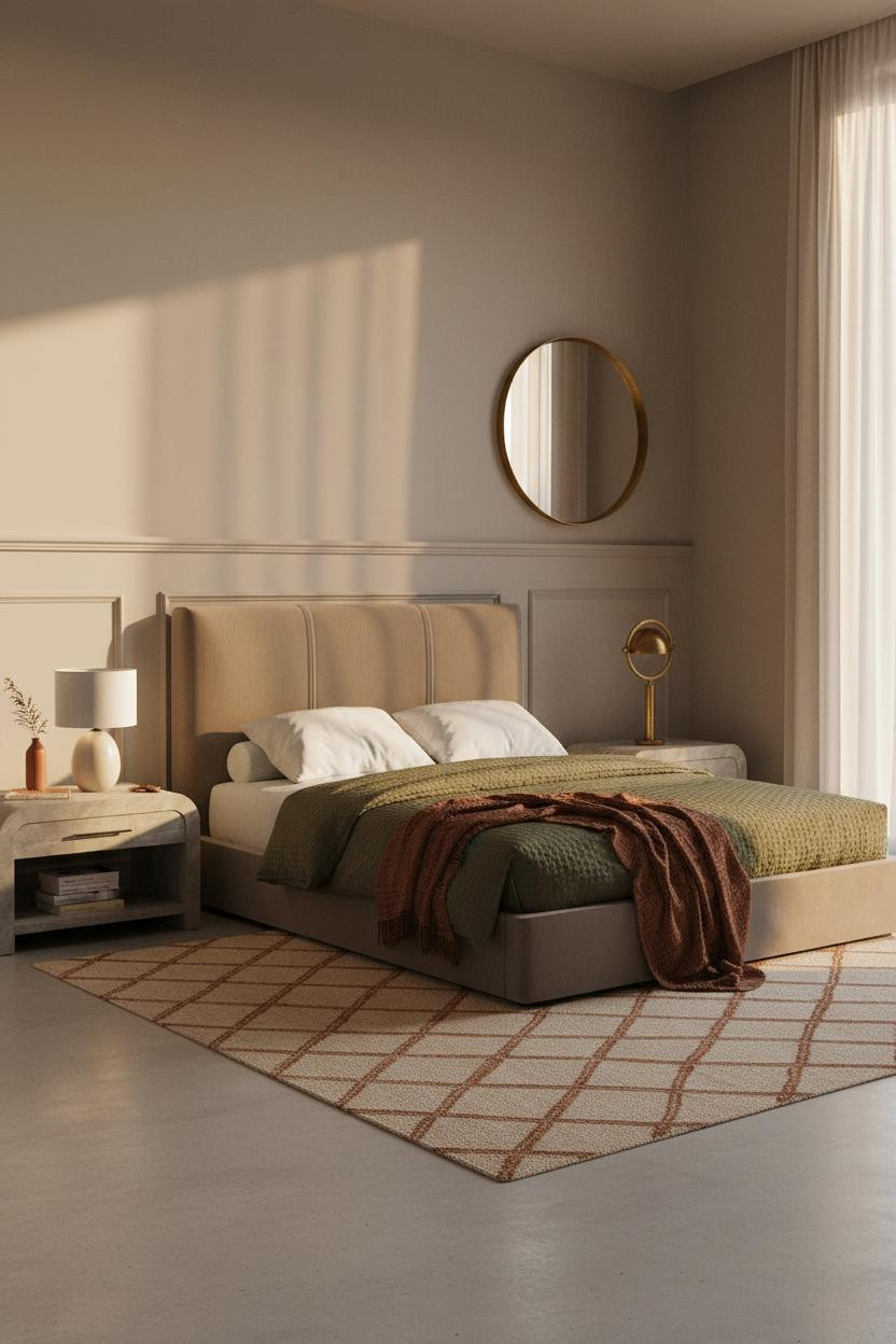 Moody Neutral Bedroom Wainscoting Earthy Minimalist