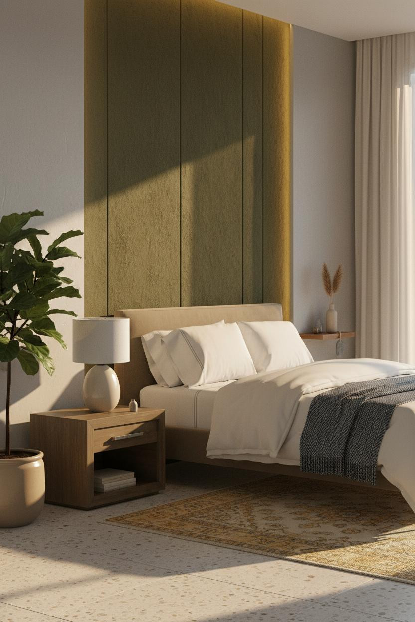 Moody Neutral Bedroom Moss Accent Wall