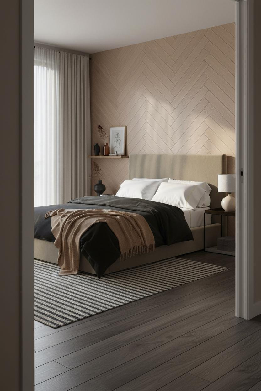 Moody Neutral Bedroom Herringbone Oak Wall