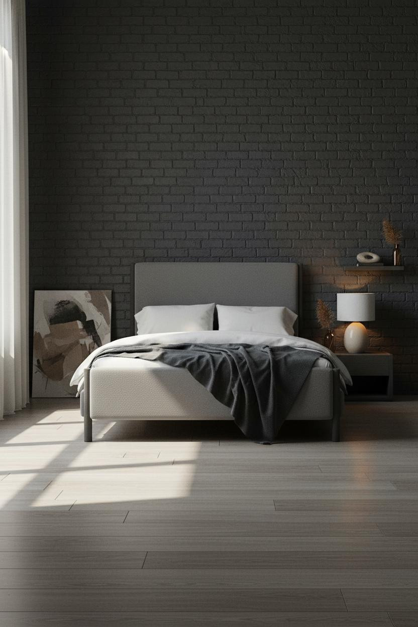 Moody Neutral Bedroom Dark Slate Brick Lighting