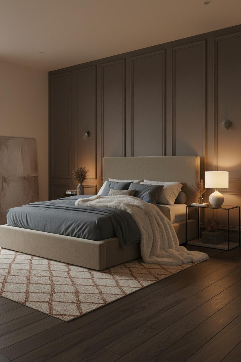 Moody Neutral Bedroom Charcoal Paneling