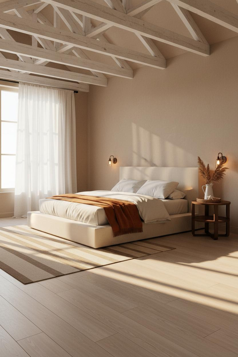 Cozy Coastal Bedroom Attic Beams