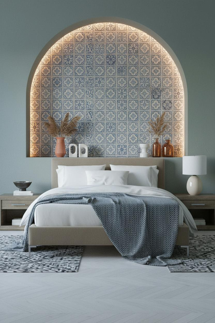 Coastal Bedroom Arched Tile Niche Sage