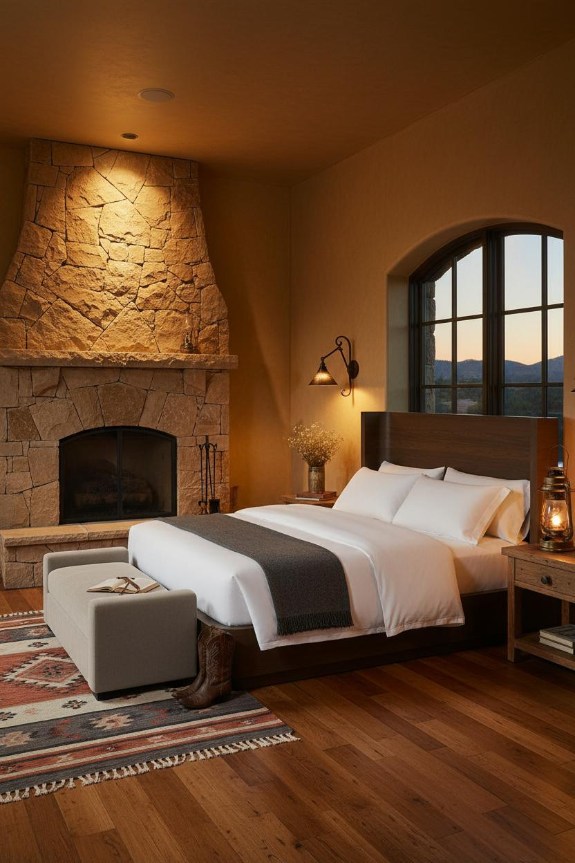 Western Chic Bedroom Stone Fireplace Ranch